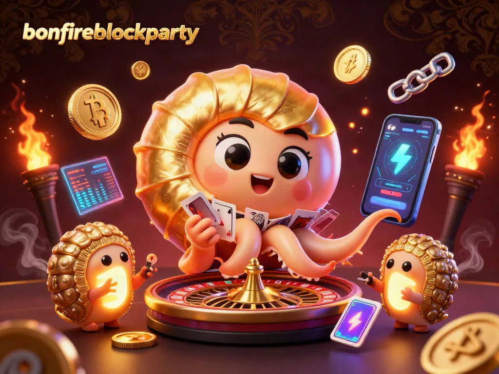 Experience the thrill of bonfireblockparty with a vibrant casino scene featuring glowing crypto elements.