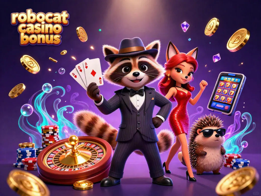 Experience the excitement at Robocat Casino Bonus with a raccoon holding a royal flush amidst golden coins.