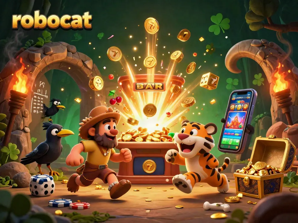 Robocat brings thrilling jackpot action to life in a vibrant casino scene filled with exciting games.