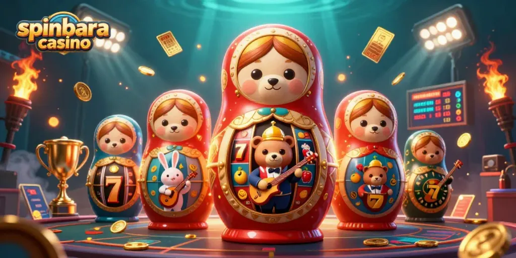 Spinbara casino showcases a vibrant 3D scene with Matryoshka bears, casino elements, and festive energy.